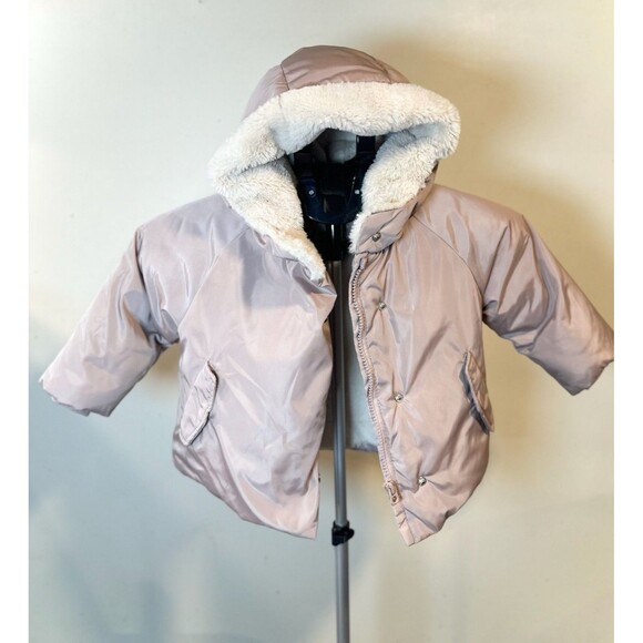 Zara Baby Girls Faux Fur Lined Padded Jacket Size 18 24M Pink Beige Cozy Winter - Picture 1 of 8